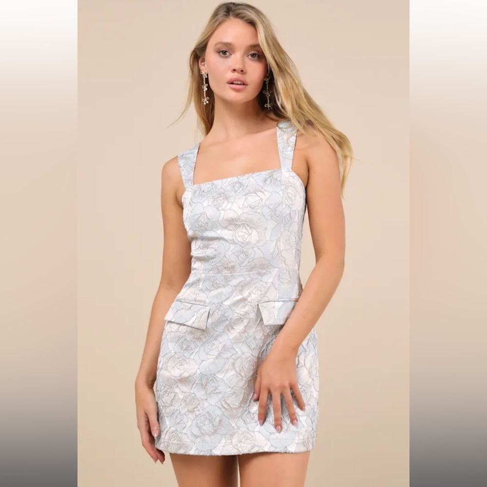 Lulus So Flawless Light Blue & Gold Jacquard Mini Dress – Size M
